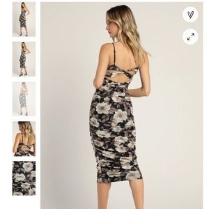 We Really Mesh Black Floral Print Sleeveless Ruched Midi Dress